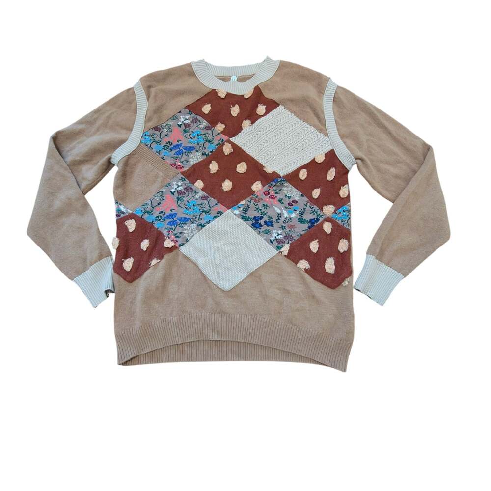 Antipast Japan Wool Blend Patchwork Knit Sweater Floral Textured Brown Size M